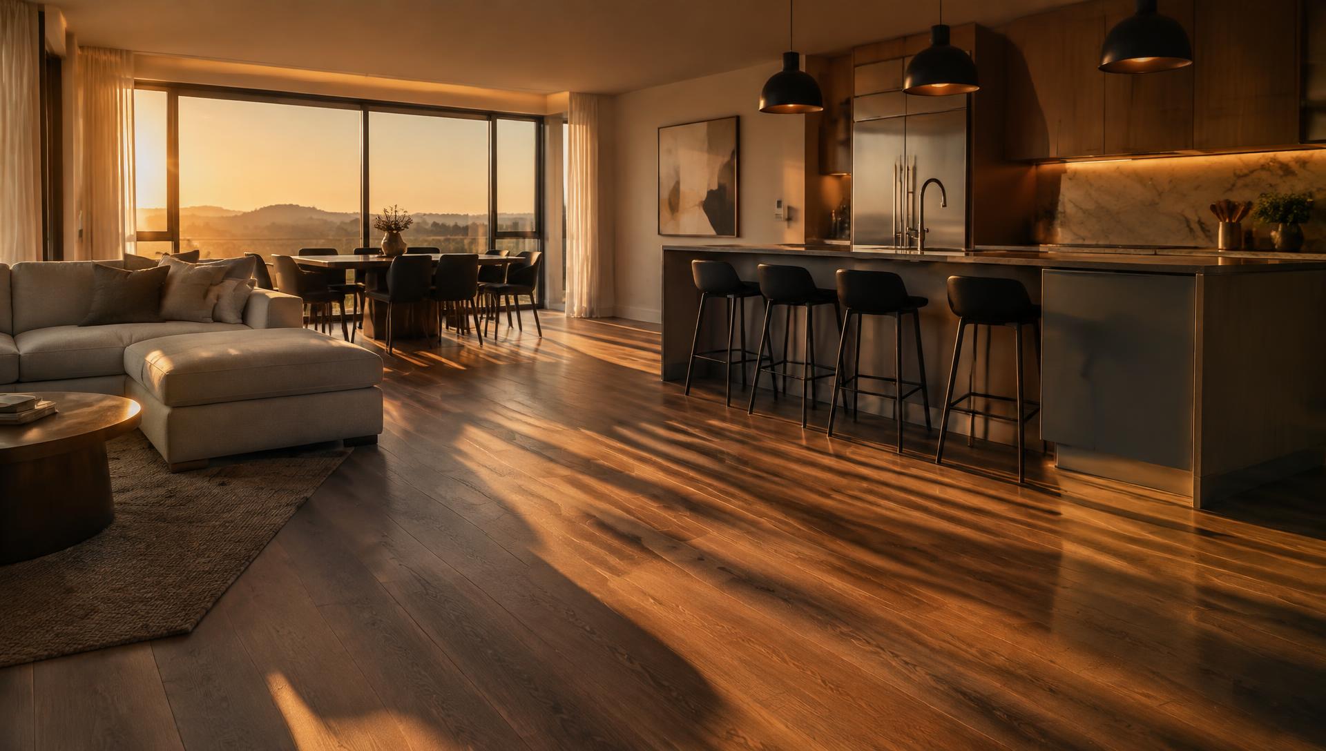 Finished open living space with wide plank flooring at golden hour