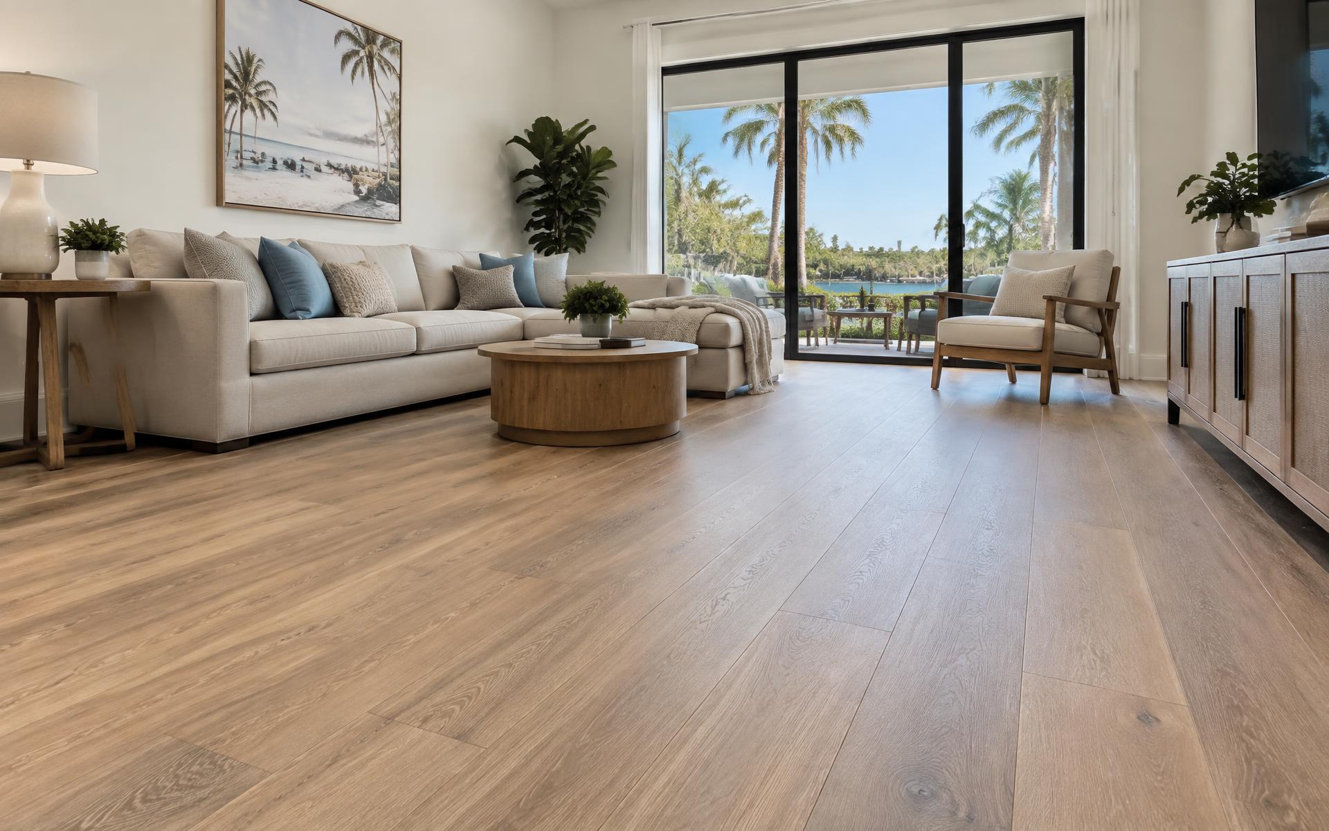 Bright Central Florida living room with newly installed oak luxury vinyl plank flooring