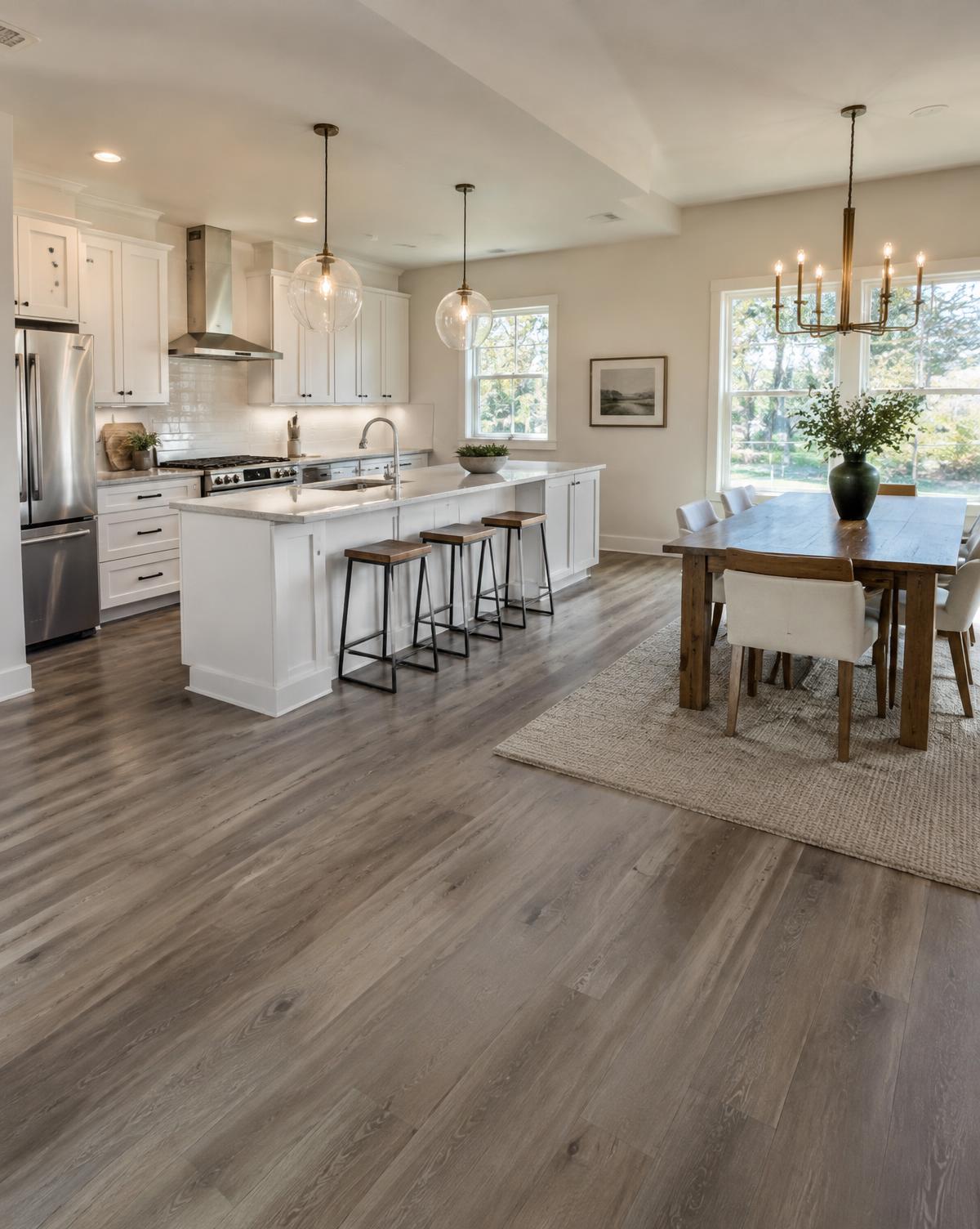 Open kitchen and dining area with gray luxury vinyl plank flooring