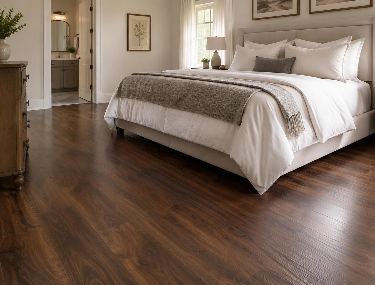 Bedroom with dark walnut luxury vinyl plank flooring